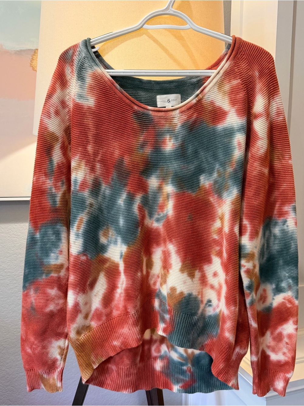 100% cotton roll neck Lou & Grey Tie-Dye Crewneck Sweater in Rust, Teal & Cream